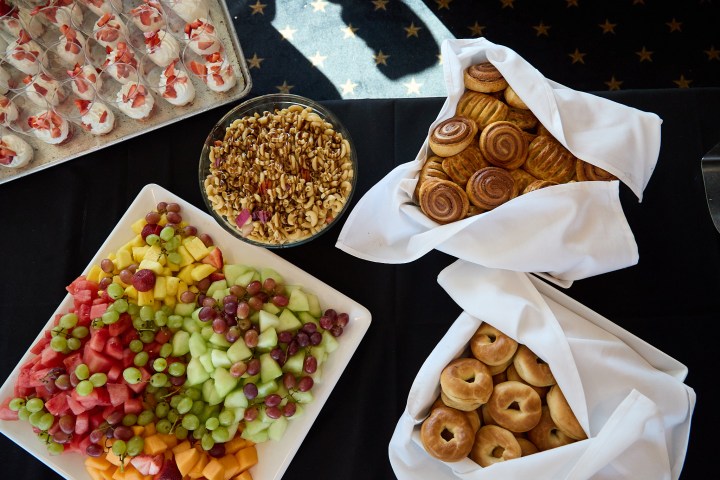 a box filled with different types of food on a table