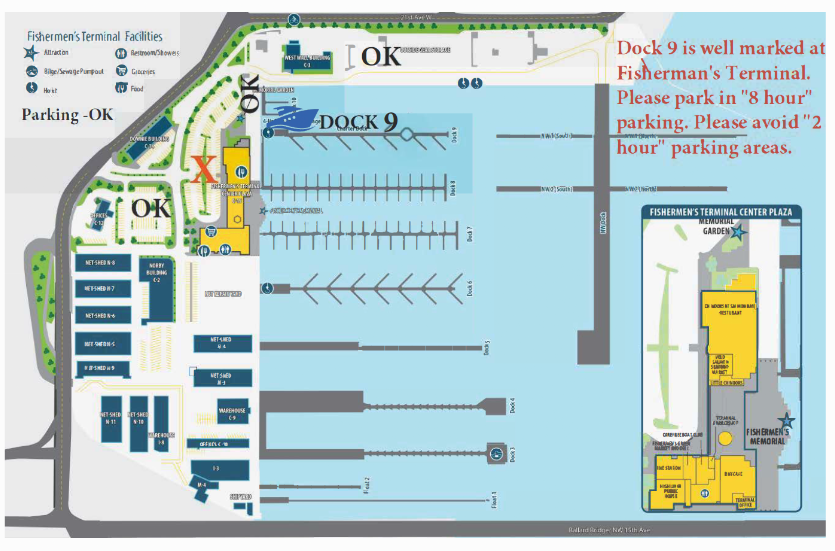 Map of Fisherman's Terminal highlighting Dock 9 and various parking zones.