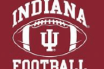 Indiana Football logo with football and IU initials on red background.