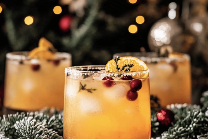 Festive cocktails with citrus and berries, surrounded by pine branches.